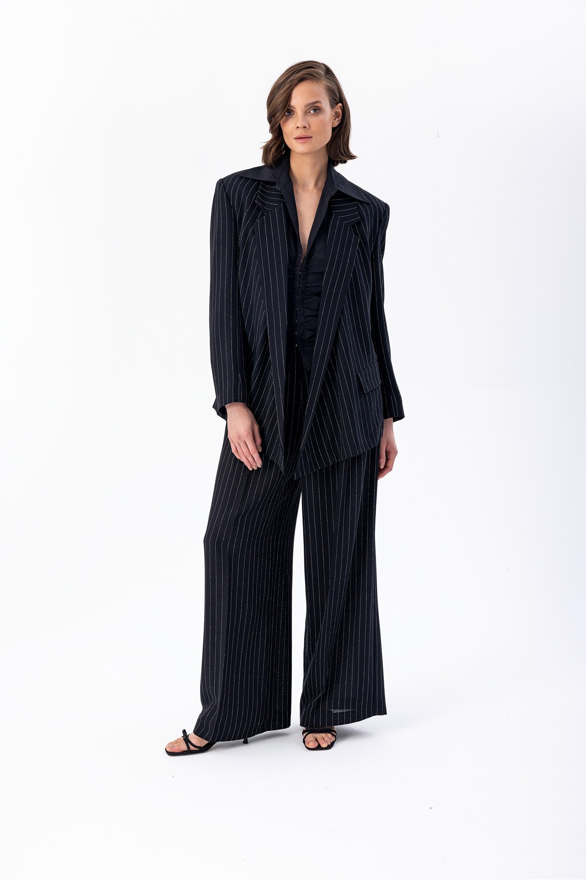 Asimetrik Çizgili Blazer Siyah