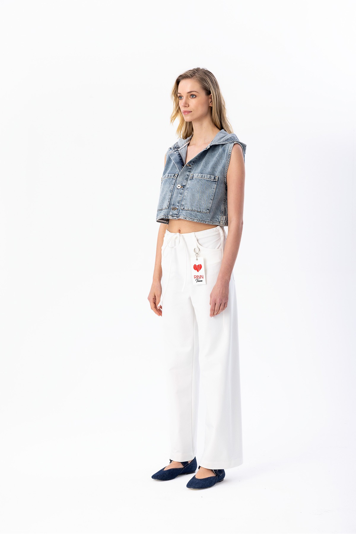 Kapüşonşu Denim Yelek Mavi̇