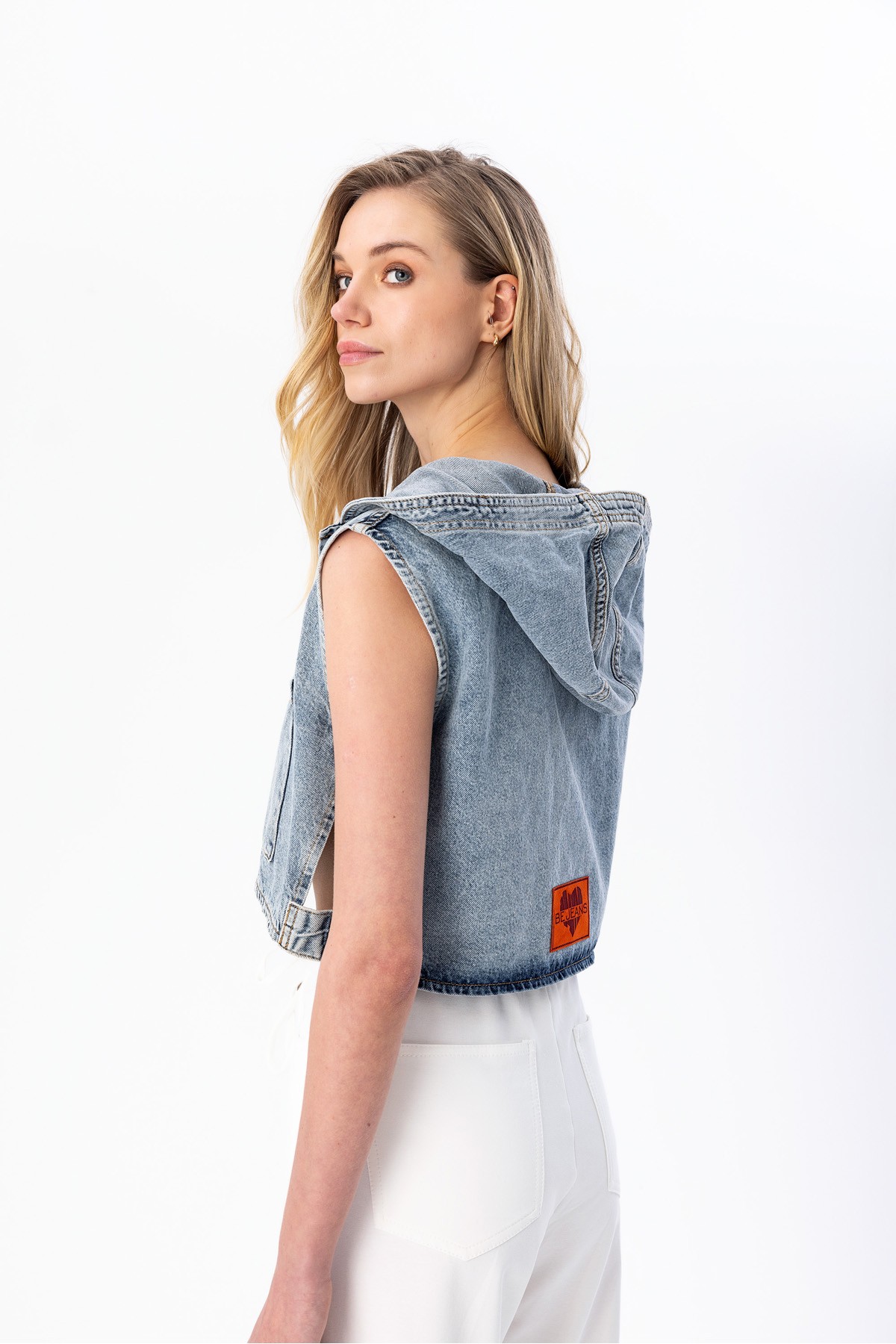 Kapüşonşu Denim Yelek Mavi̇