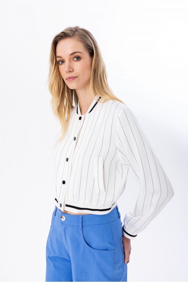 Çizgili Crop Bomber Ceket Ekru
