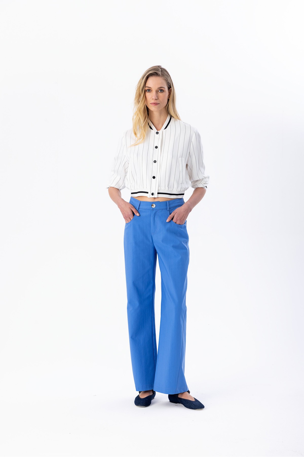 Çizgili Crop Bomber Ceket Ekru