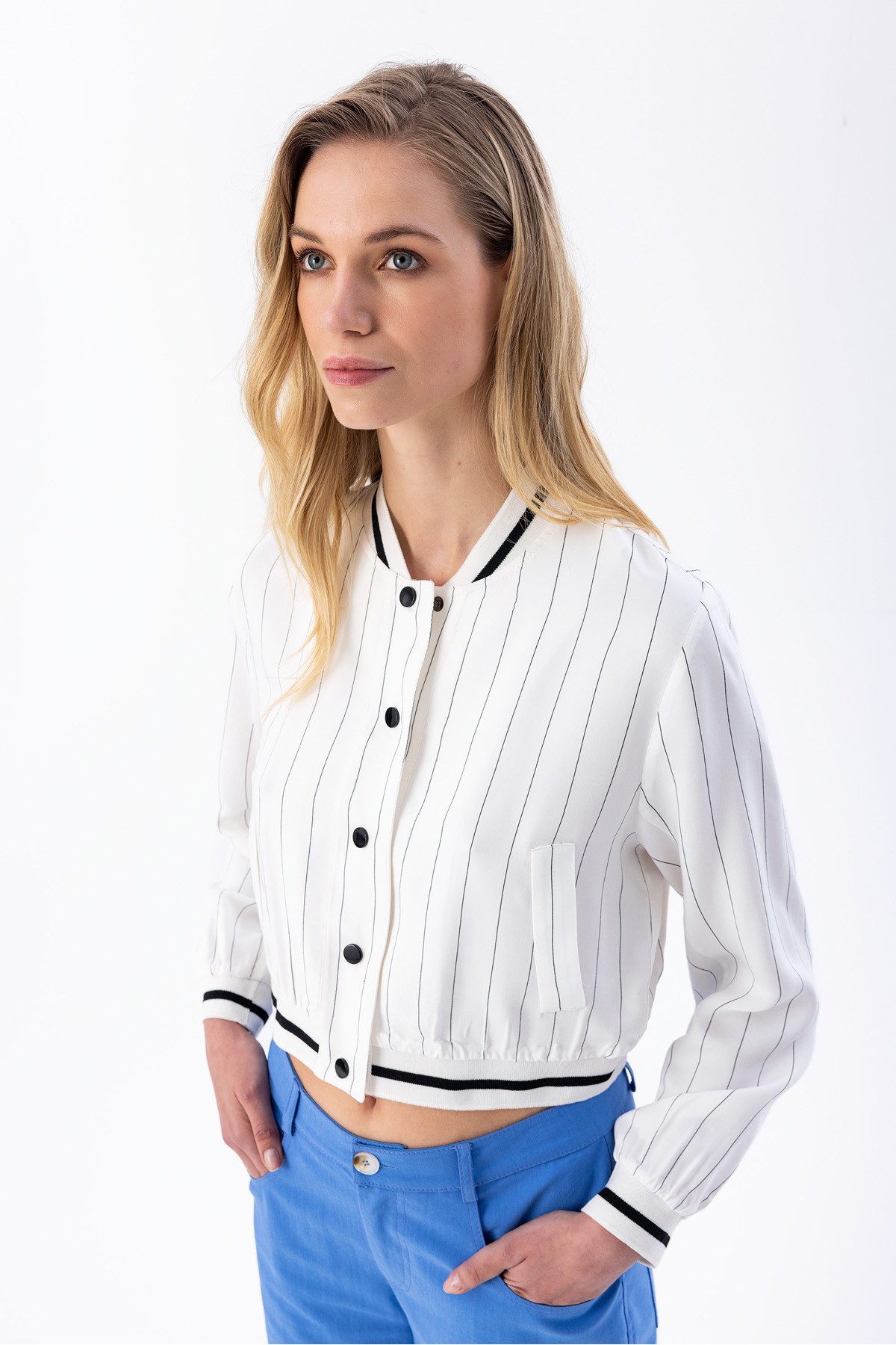 Çizgili Crop Bomber Ceket Ekru