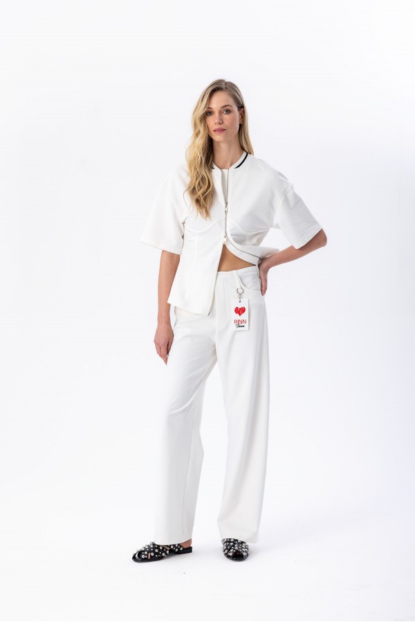 Düz Paça Örme Pantolon Ekru