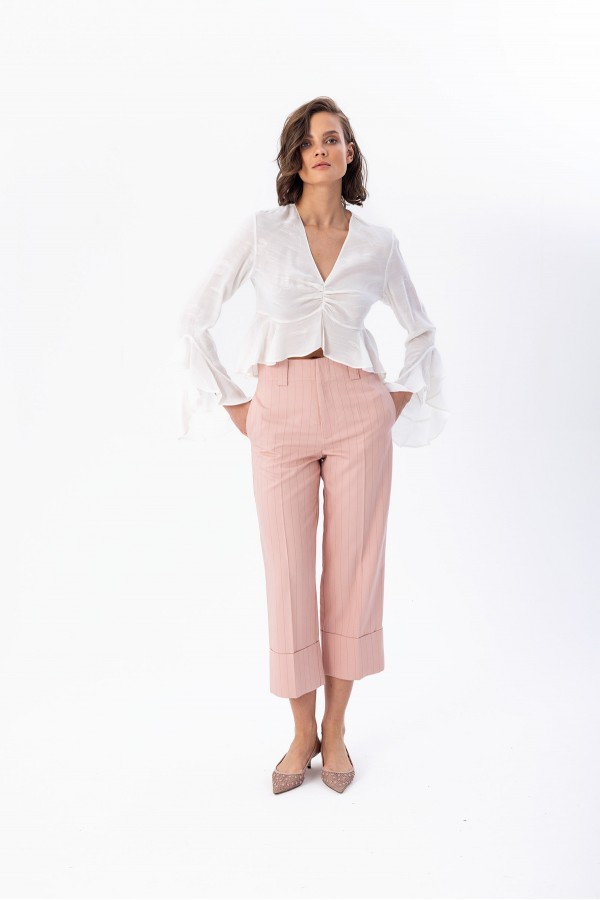 Double Paça Çizgili Pantolon Pudra