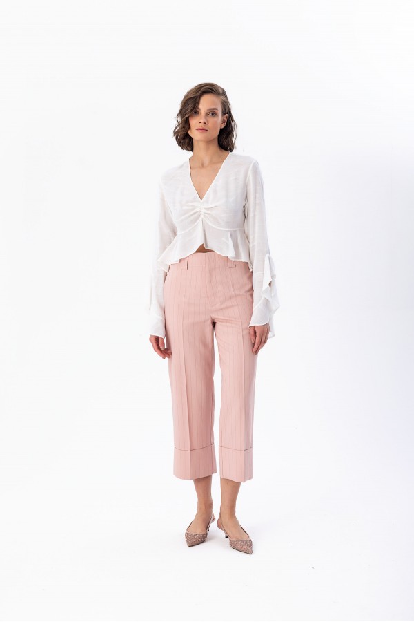 Double Paça Çizgili Pantolon Pudra