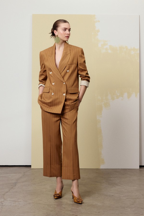 Double Paça Çizgili Pantolon Taba