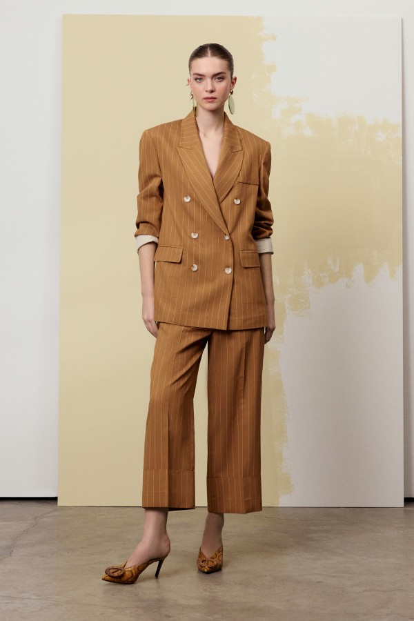 Double Paça Çizgili Pantolon Taba