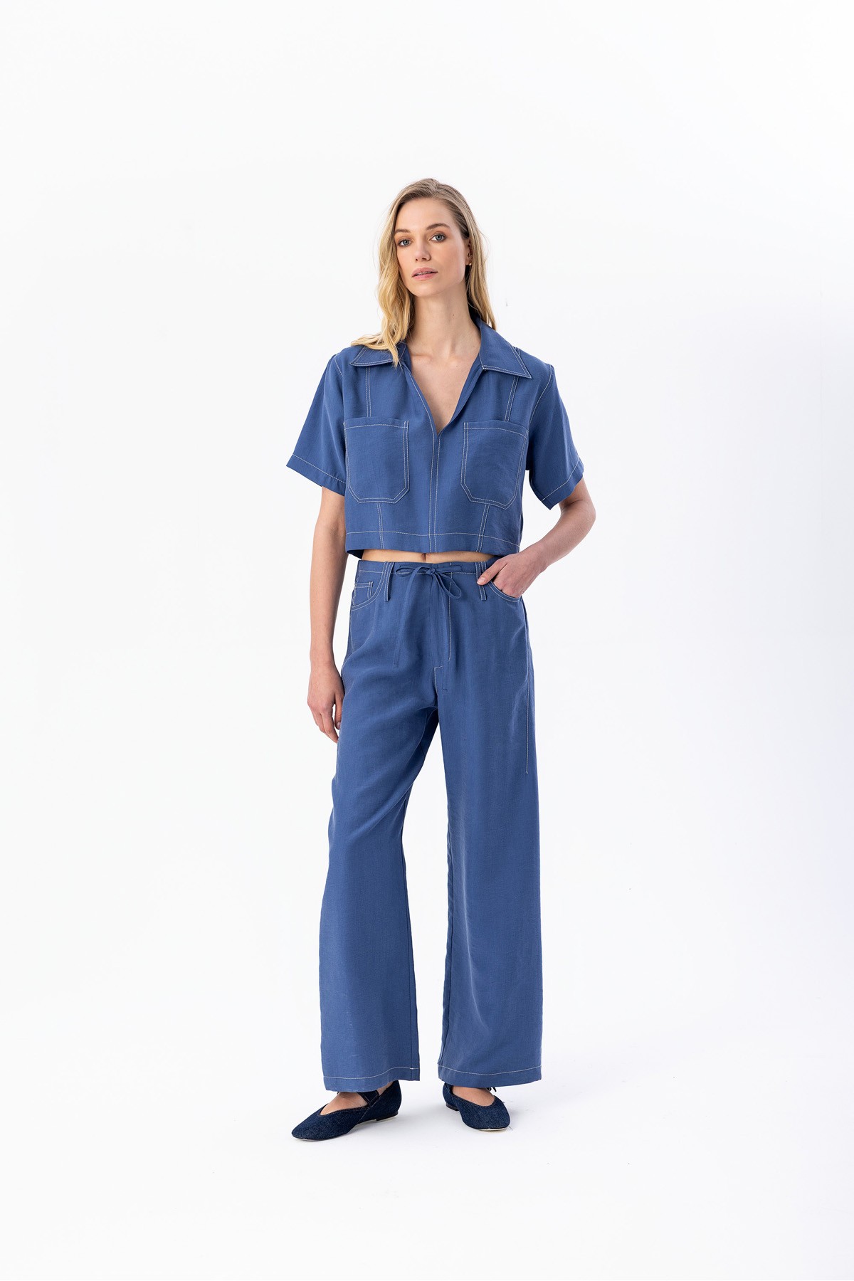 Kontrast Dikişli Pantolon Indigo