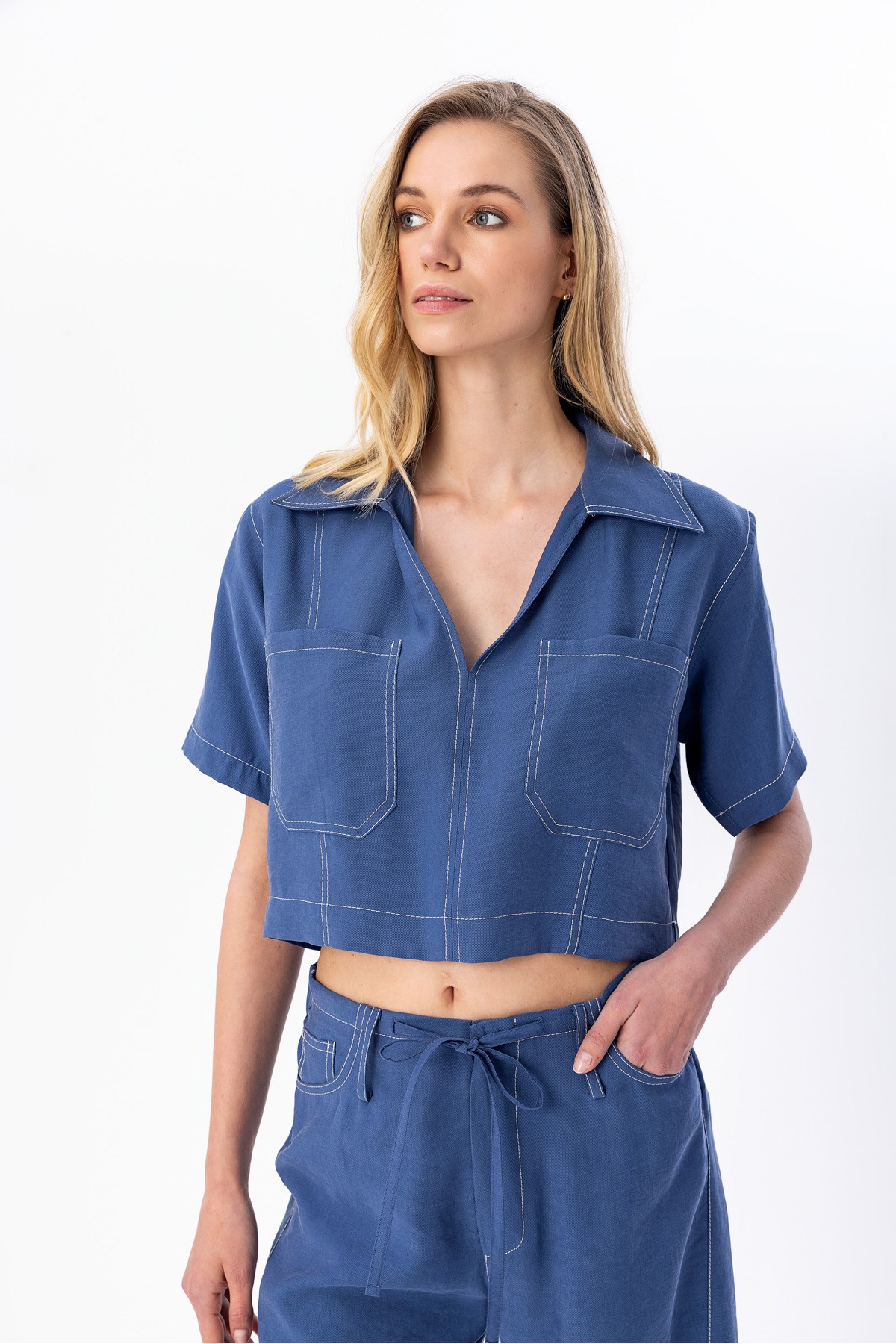 Kontrast Dikişli Pantolon Indigo
