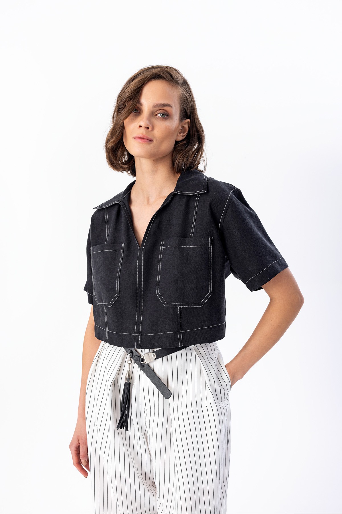 Çizgili Barrel Pantolon Ekru