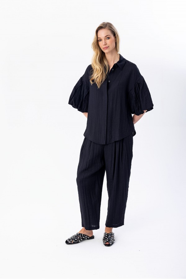 Çift Pileli Barrel Pantolon Siyah