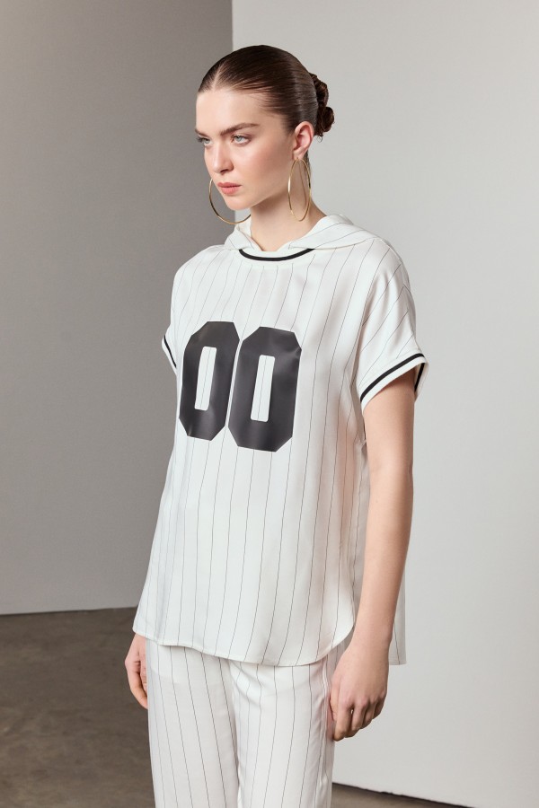 Çizgili Düz Paça Pantolon Ekru