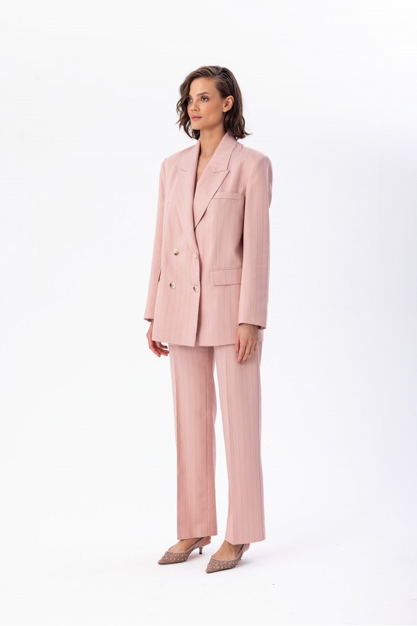Çizgili Düz Paça Pantolon Pudra