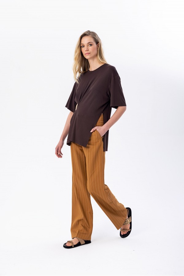 Çizgili Düz Paça Pantolon Taba