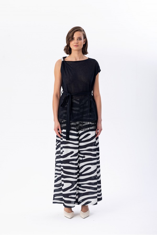 Desenli Geniş Paça Saten Pantolon Siyah