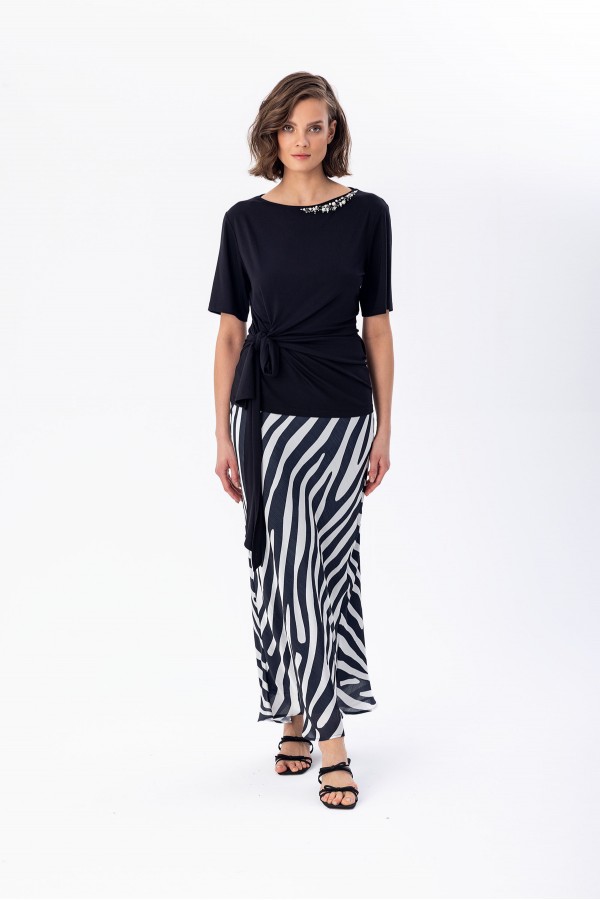 Desenli Saten Midi Etek Siyah