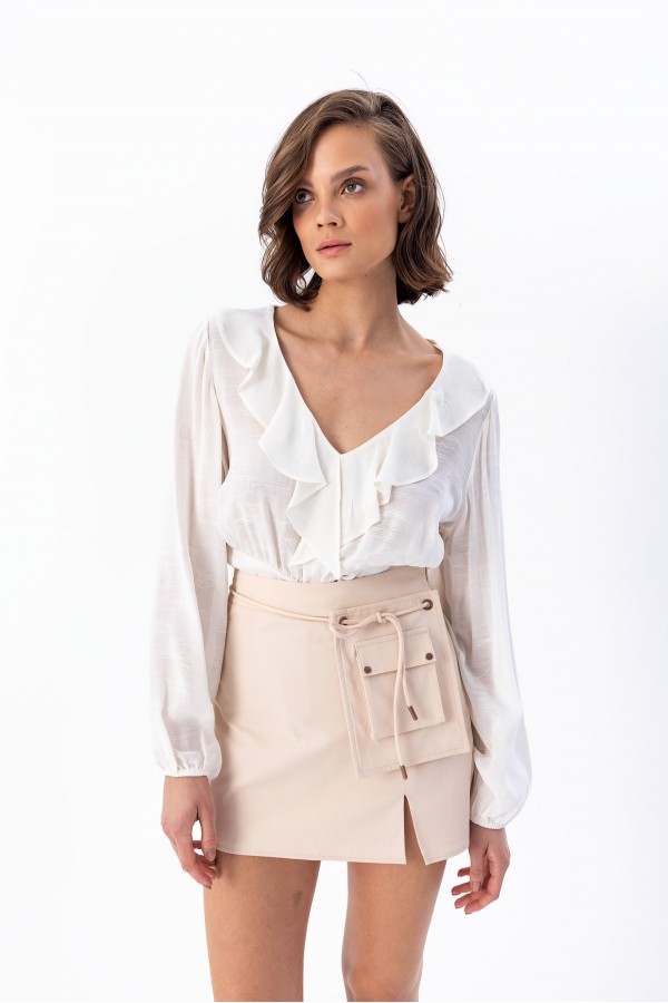Beli Büzgülü Bluz Ekru