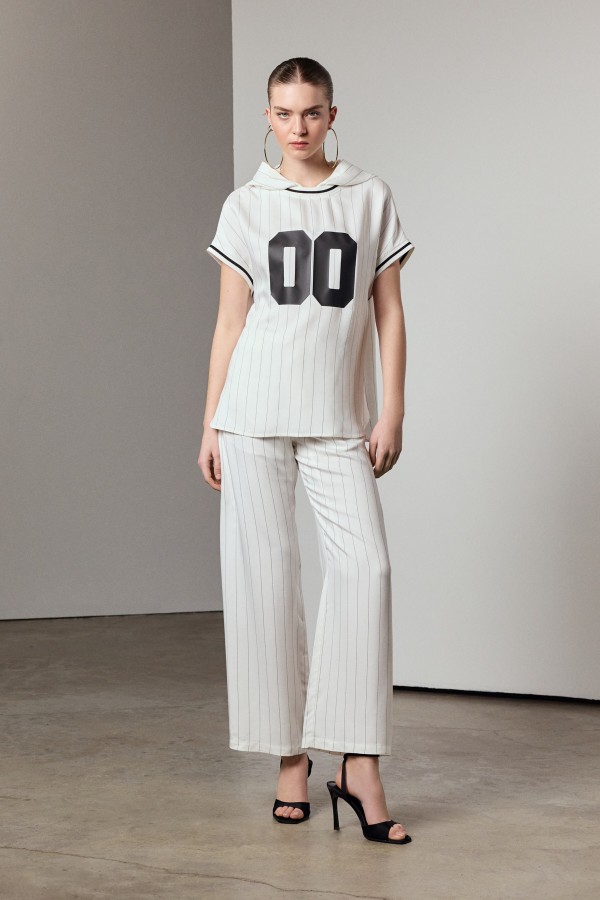 Kapişonlu Çizgili Bluz Ekru