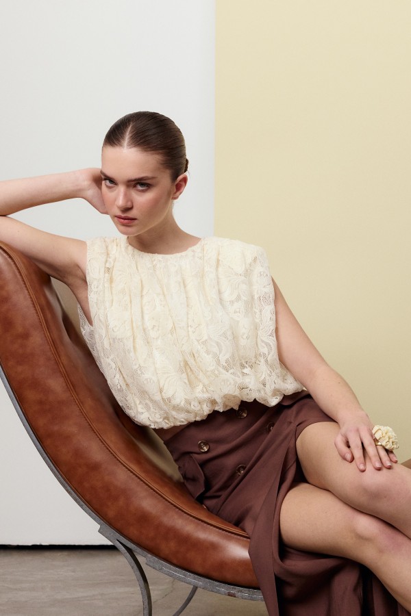 Dantel Balon Bluz Krem