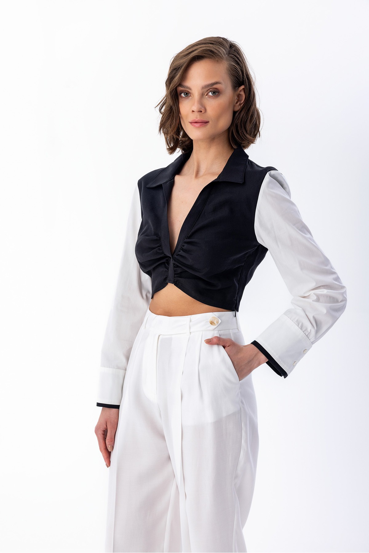 Çift Renk Crop Bluz Siyah