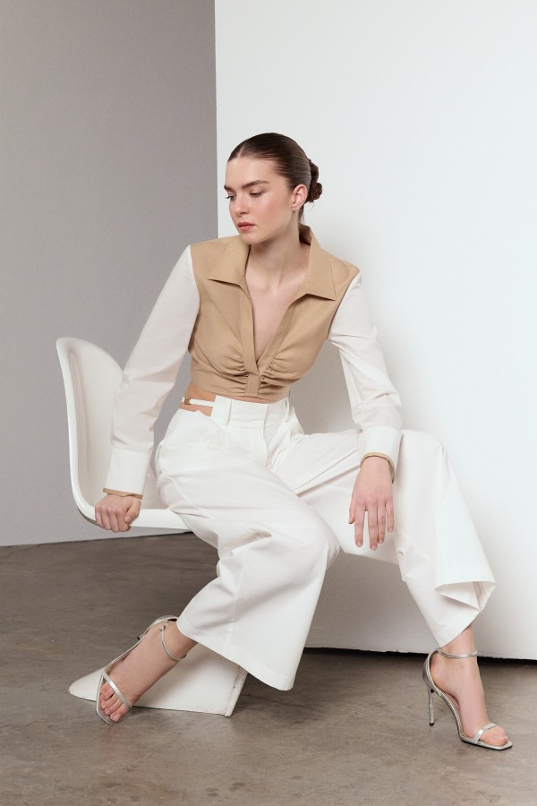 Çift Renk Crop Bluz Bej Çift Renk Crop Bluz Bej