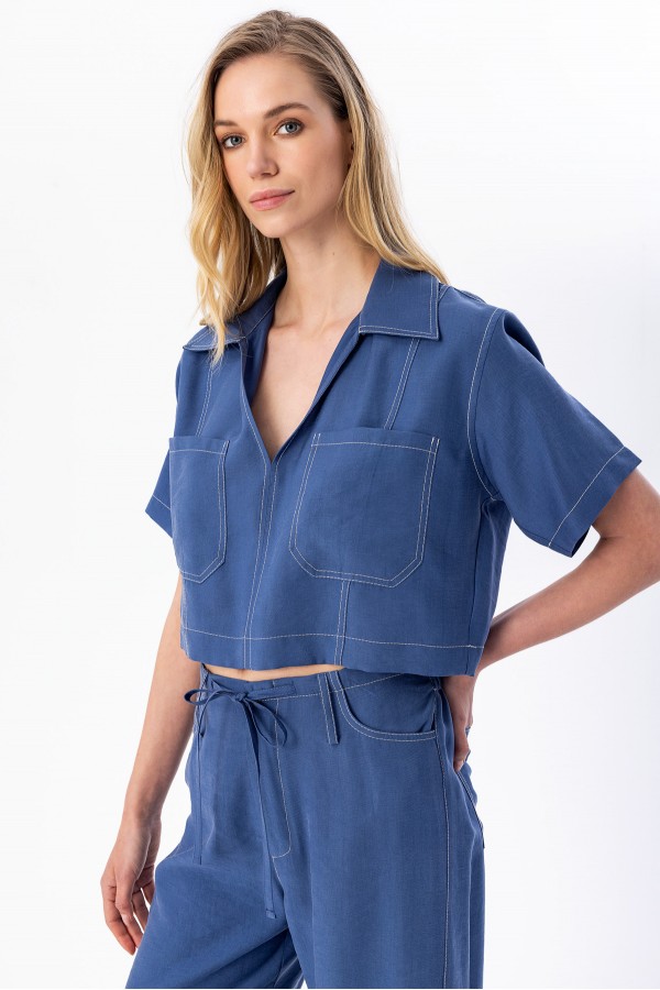 Kontrast Dikişli Crop Gömlek Indigo Kontrast Dikişli Crop Gömlek Indigo
