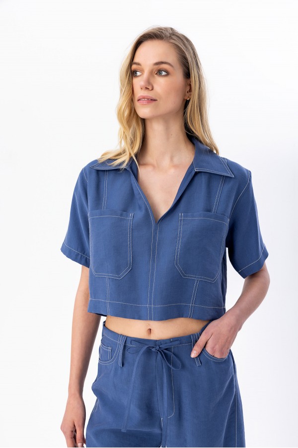Kontrast Dikişli Crop Gömlek Indigo Kontrast Dikişli Crop Gömlek Indigo