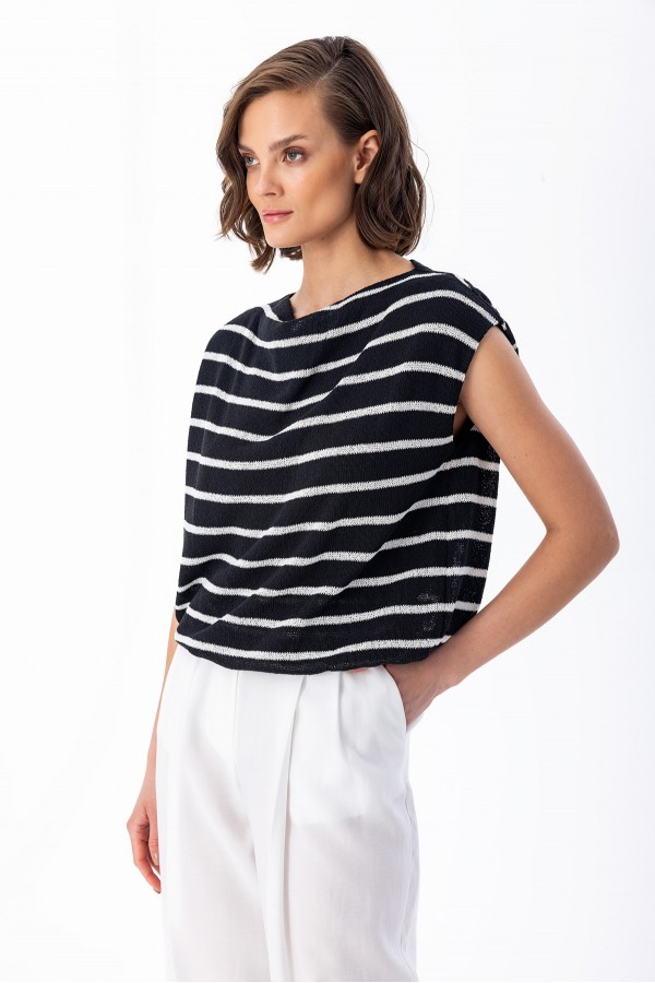 Çizgili Triko Balon Bluz Siyah Çizgili Triko Balon Bluz Siyah