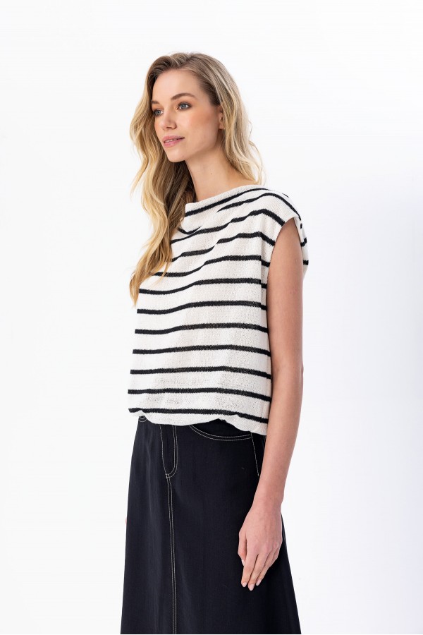 Çizgili Triko Balon Bluz Ekru Çizgili Triko Balon Bluz Ekru