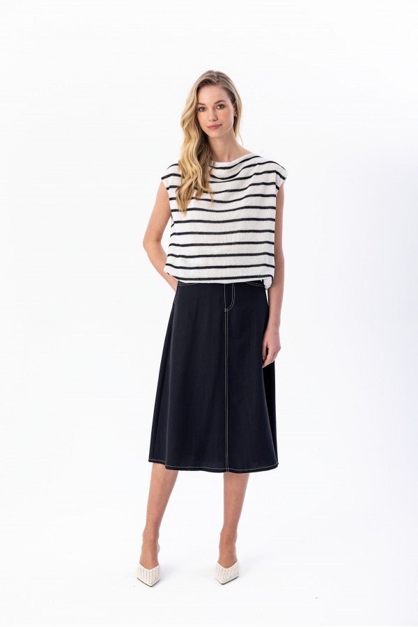 Çizgili Triko Balon Bluz Ekru Çizgili Triko Balon Bluz Ekru