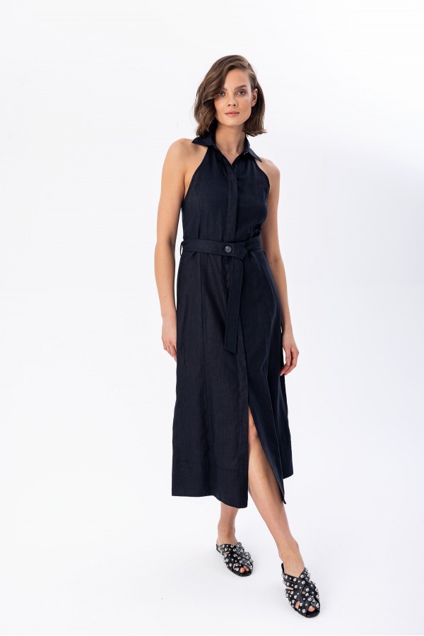 Arkası Açık Gömlek Elbise Siyah