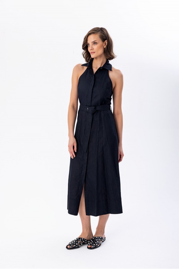 Arkası Açık Gömlek Elbise Siyah