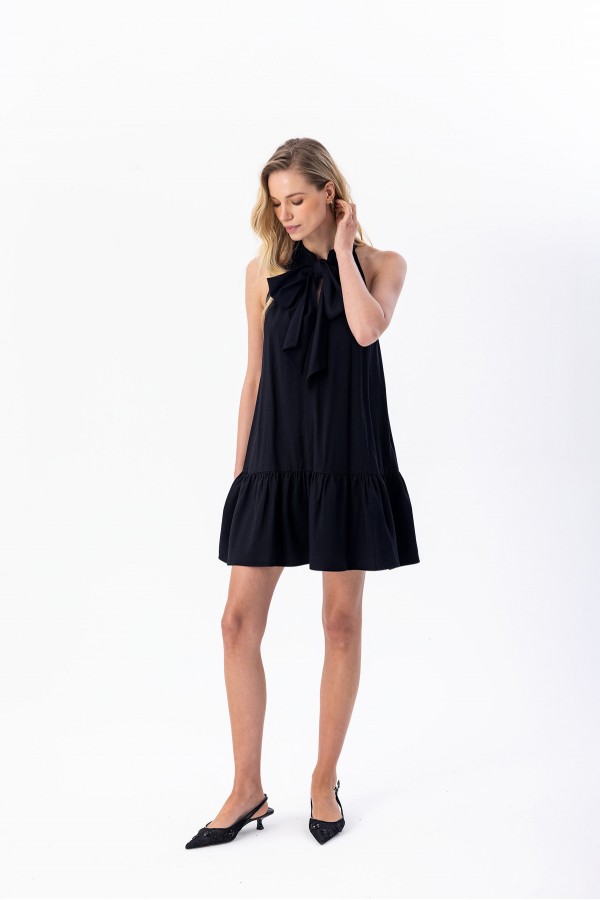 Önü Bağlamalı Mini Elbise Siyah