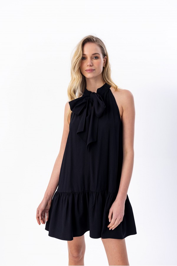 Önü Bağlamalı Mini Elbise Siyah
