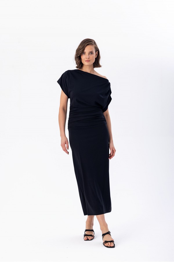 Kayık Yaka Örme Elbise Siyah