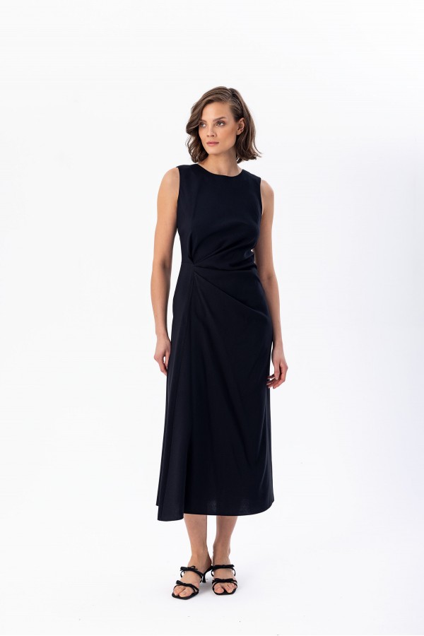 Yanı Büzgülü Kolsuz Elbise Siyah