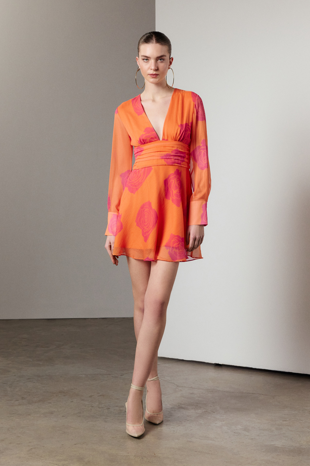 Desenli Mini Elbise Orange