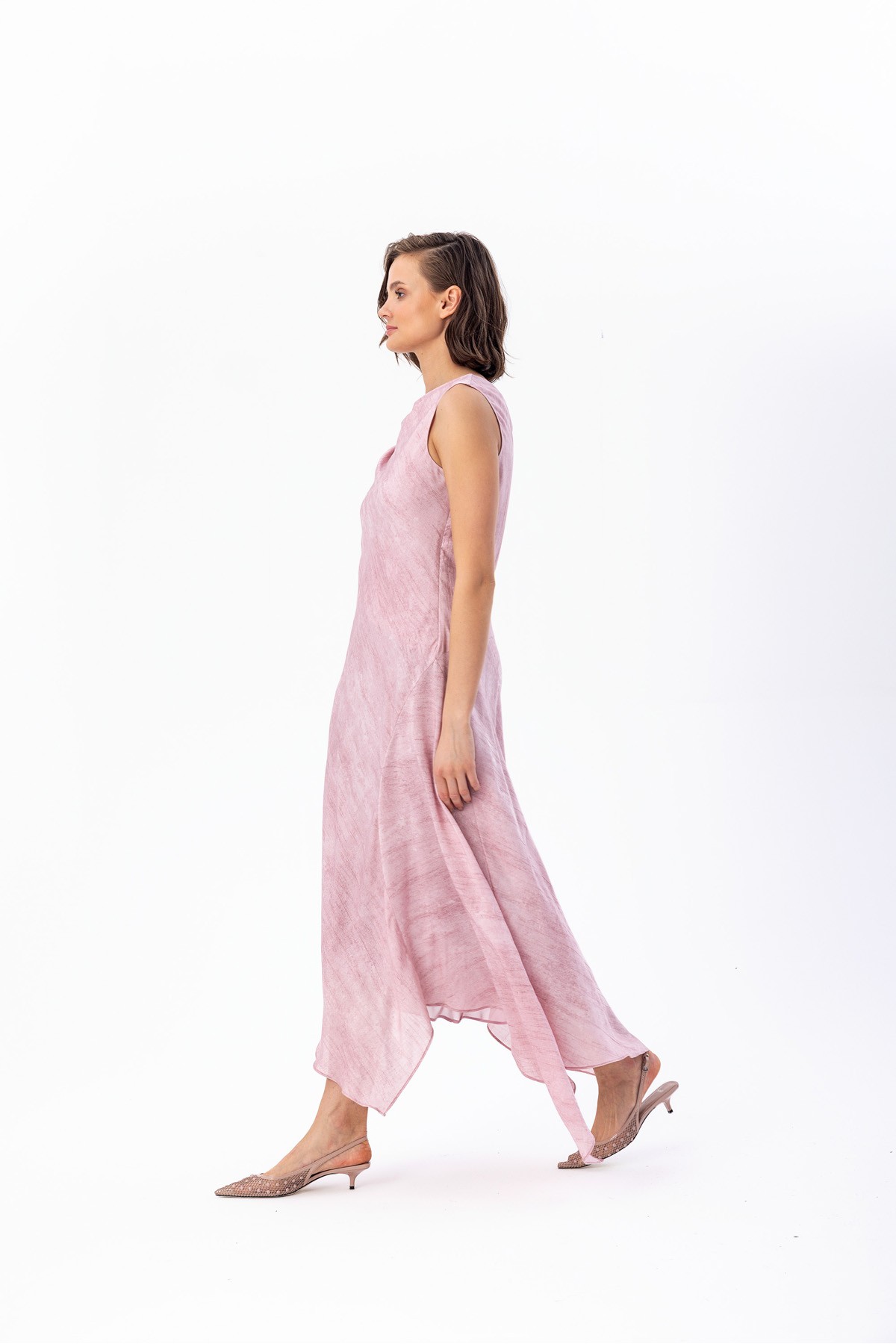 Asimetrik Midi Dress Pembe