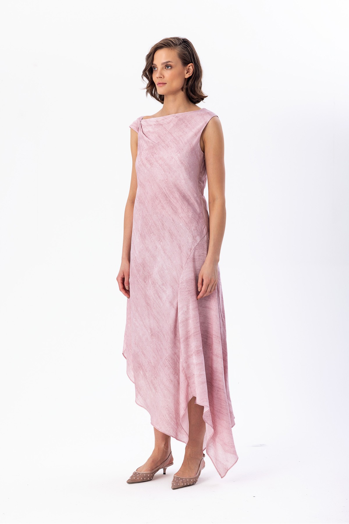 Asimetrik Midi Dress Pembe
