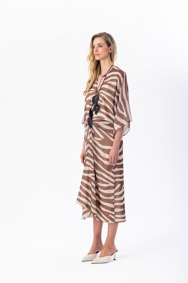 Desenli V-Yaka Elbise Kahve Desenli V-Yaka Elbise Kahve