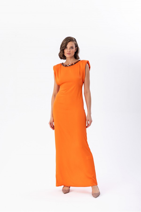 Payetli Saten Elbise Orange