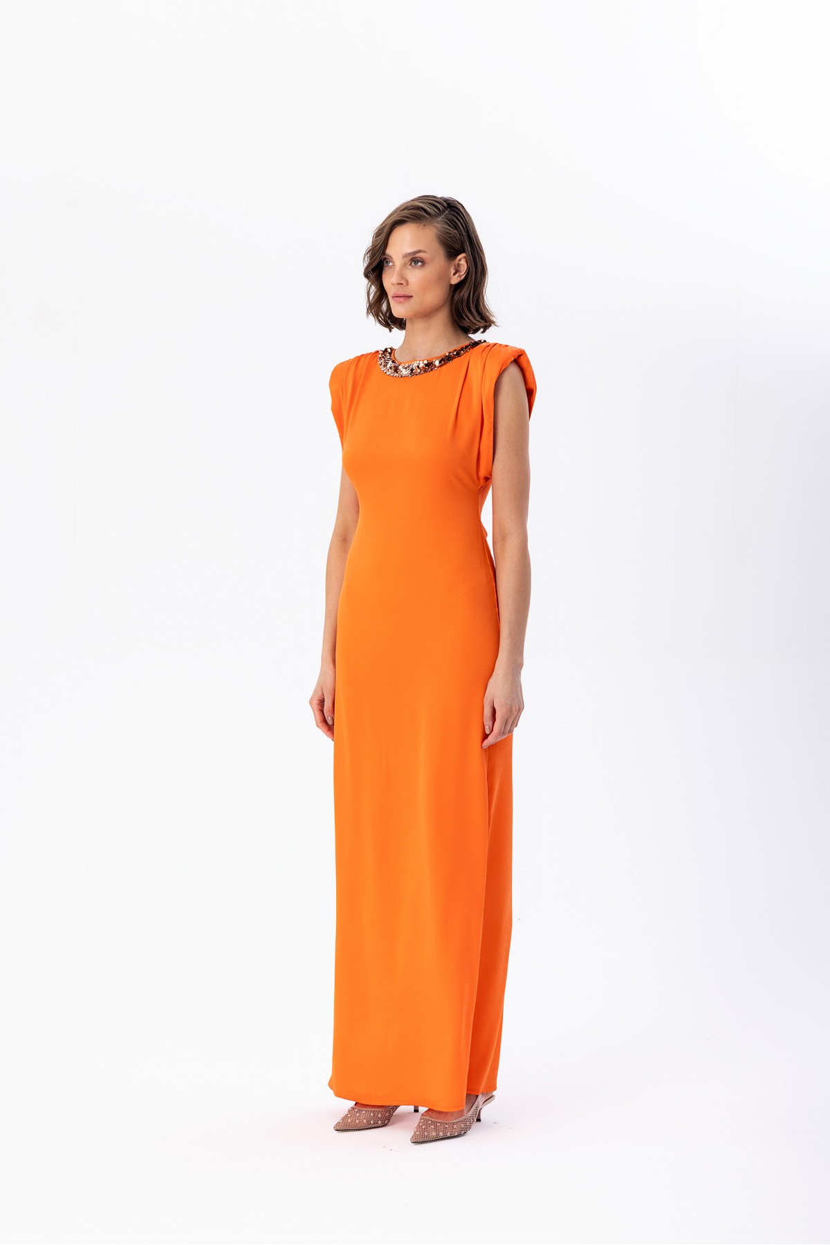 Payetli Saten Elbise Orange