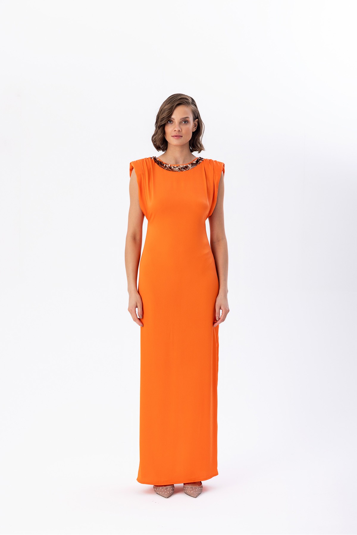 Payetli Saten Elbise Orange