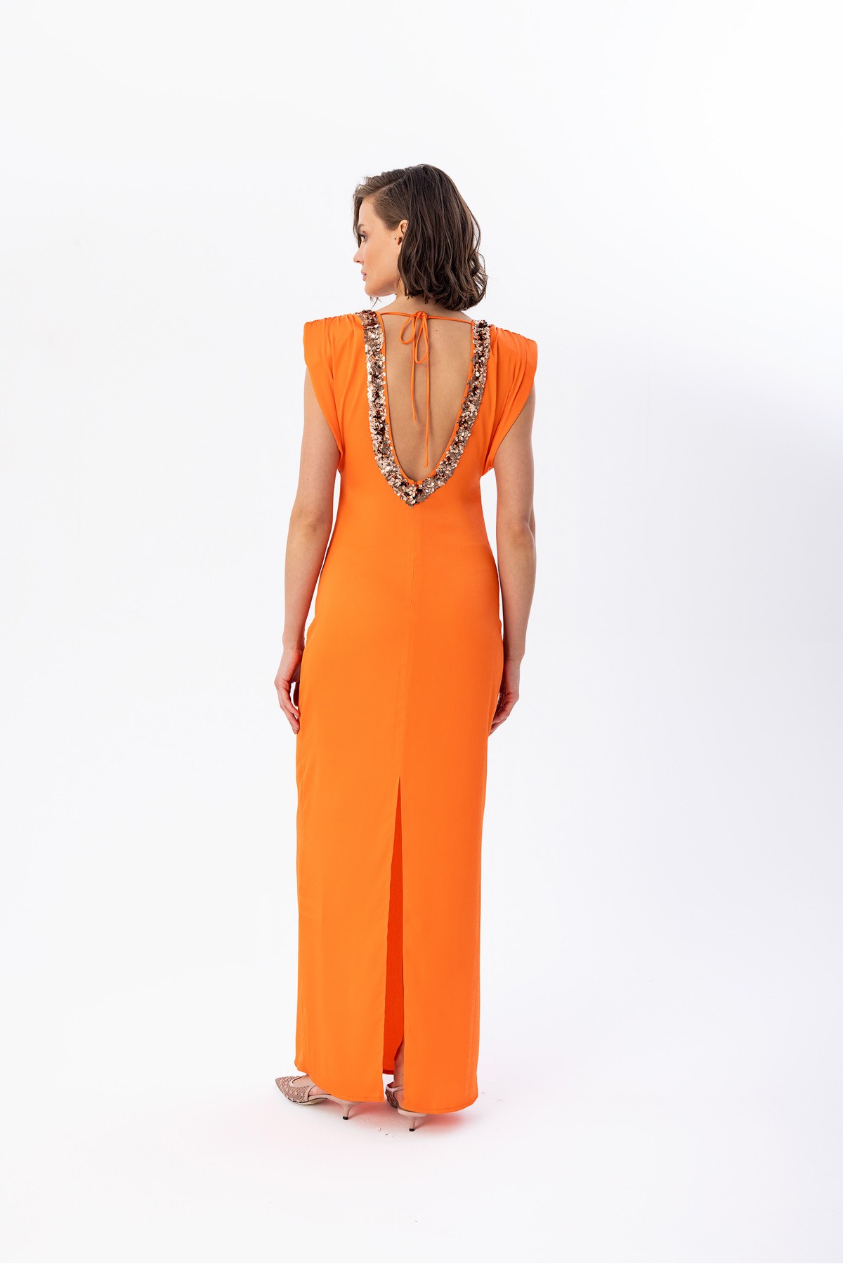 Payetli Saten Elbise Orange