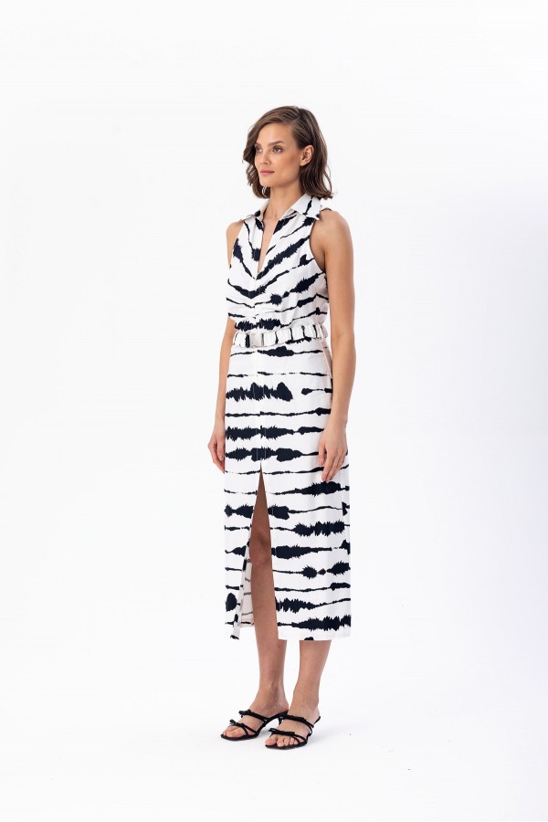 Desenli Kolsu Elbise Si̇yah/Beyaz