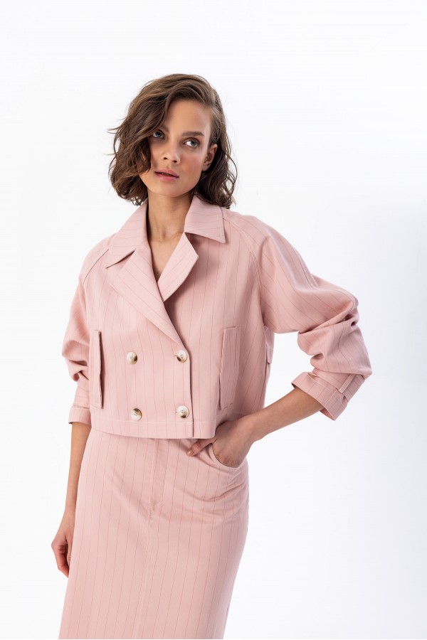 Çizgili Kısa Mont Pudra