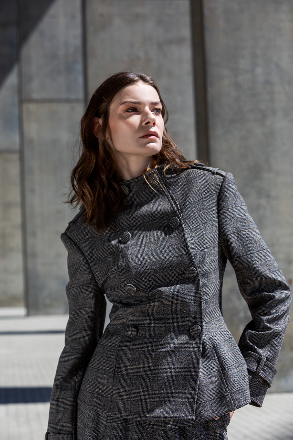 Yüksek Yaka Ekose Ceket Kahve