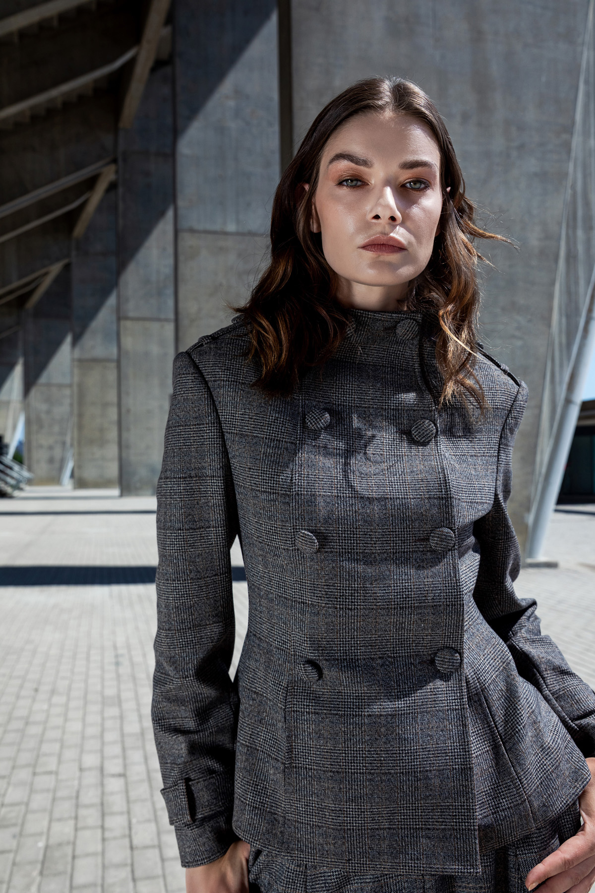 Yüksek Yaka Ekose Ceket Kahve