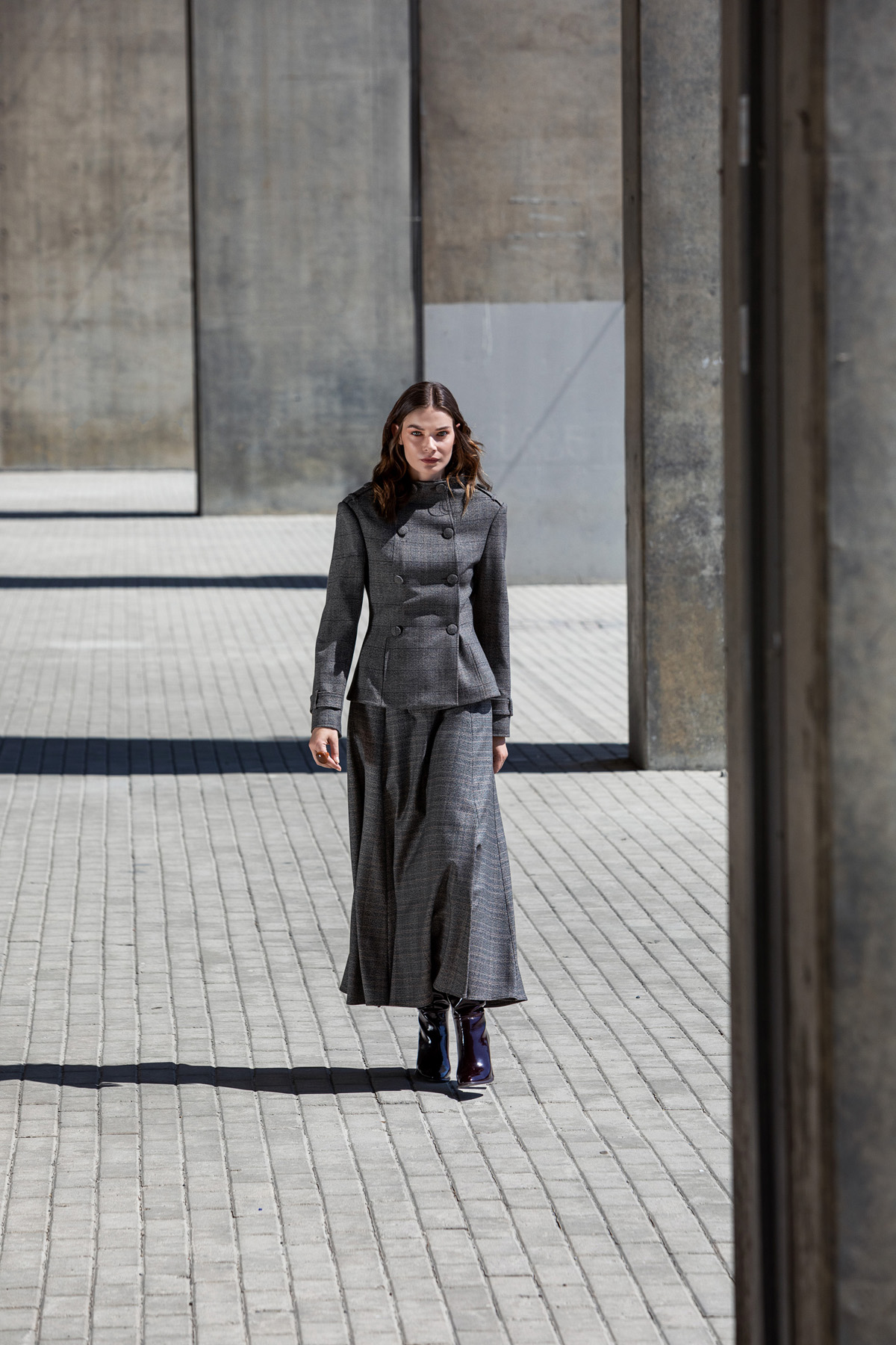 Yüksek Yaka Ekose Ceket Kahve