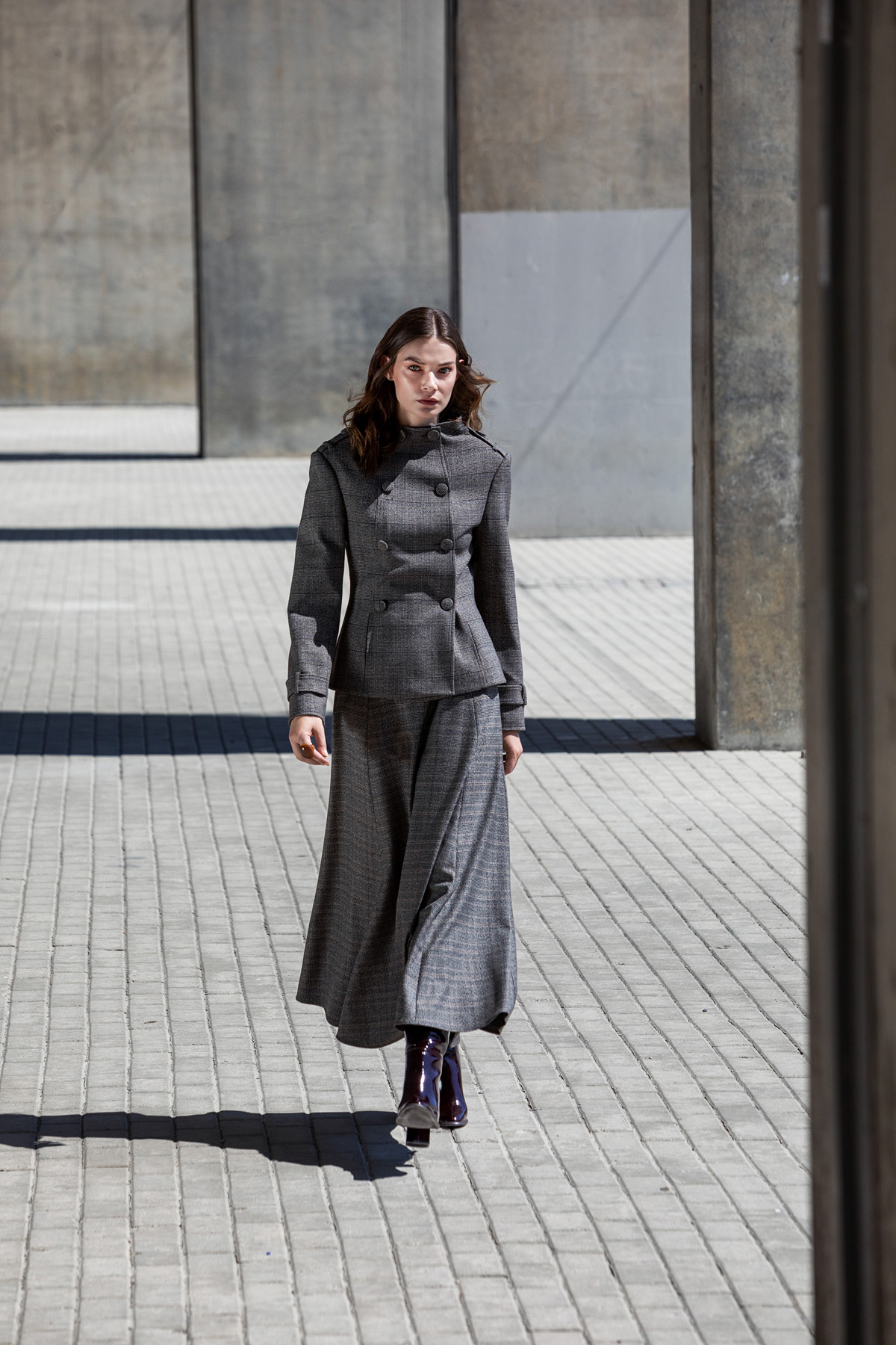 Yüksek Yaka Ekose Ceket Kahve